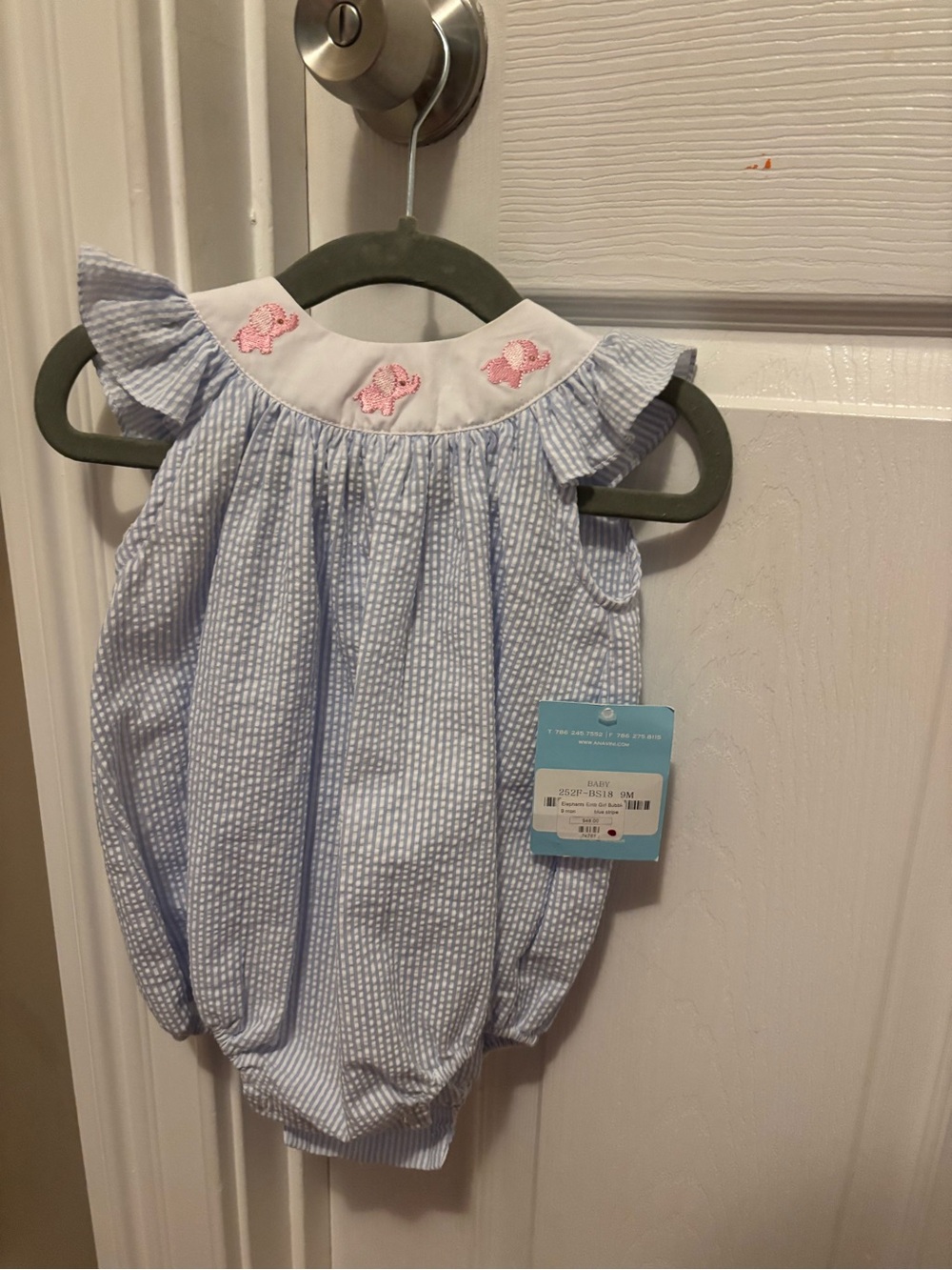 NWT Blue Seersucker Baby Girls Romper with Pink Embroidery Elephants